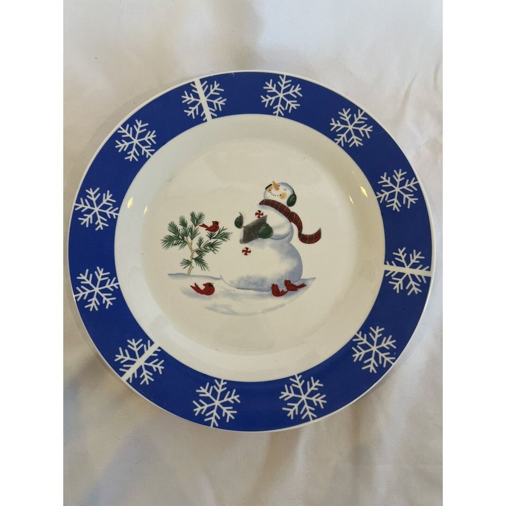 Studio 33 Holiday Home Snowman Caroling Red Cardinal Snowflake Blue‎ Rim 10"